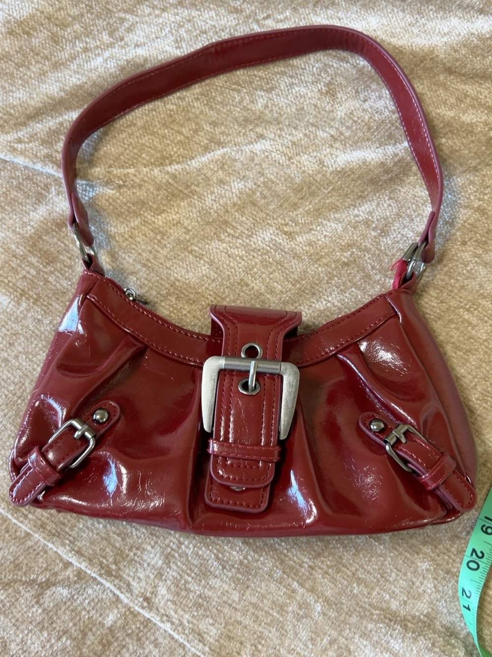 Red Patent Shoulder Bag with Buckle Detail